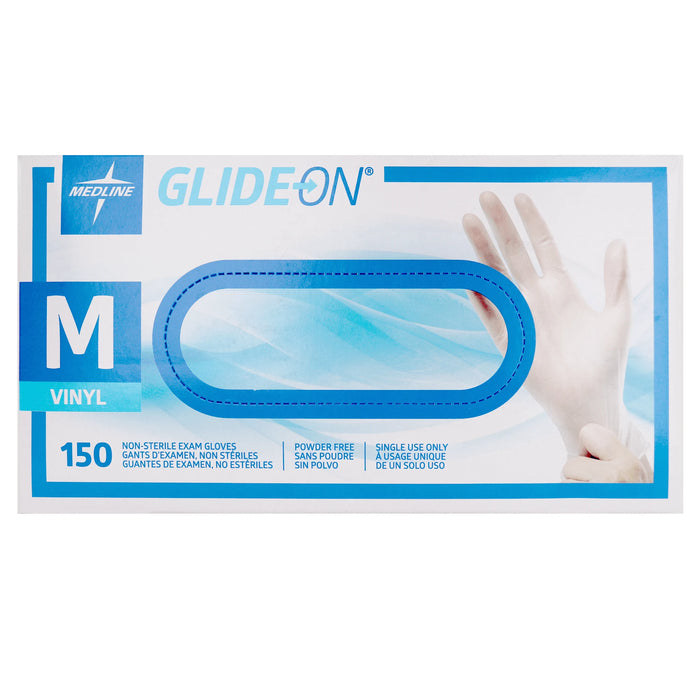 Medline GlideOn vinyl gloves packaging with a glove size M