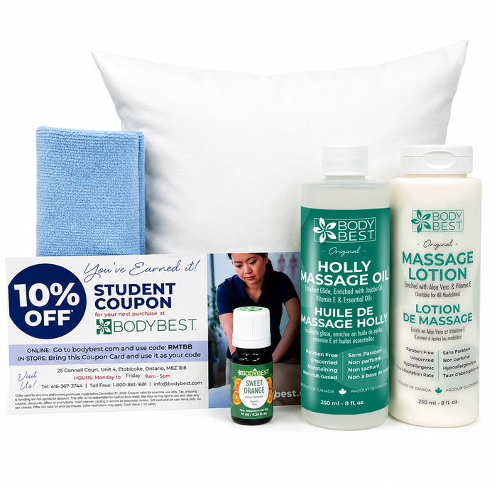 BodyBest starter kit including BodyBest vinyl pillow, BoyBest Holly massage oil, BodyBest massage lotion, sweet orange essential oil for student kit 