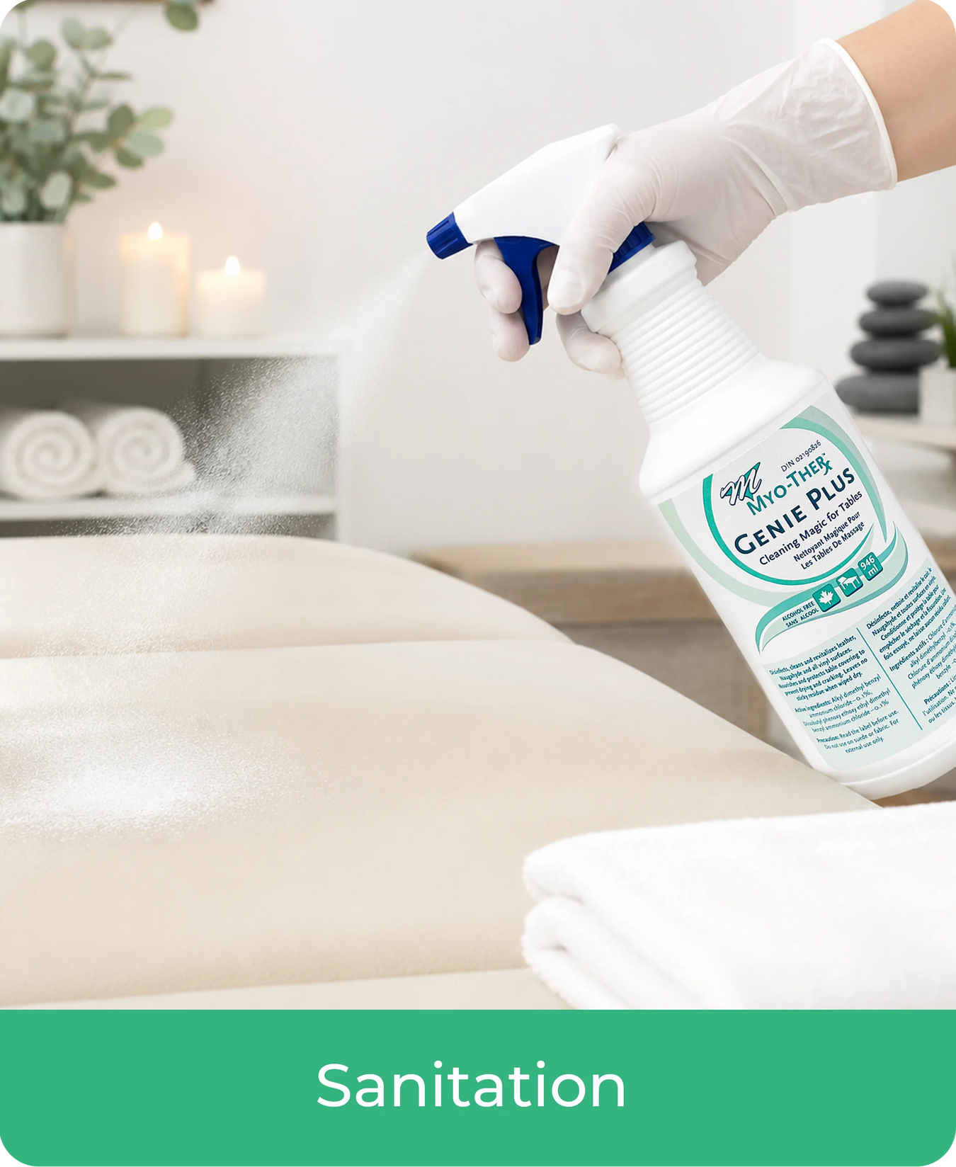 Myo-Ther cleaning supplies to maintain hygiene in a clinic, spa, or salon