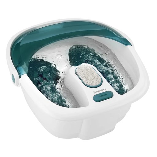 White and teal foot massager with water inside on a white background