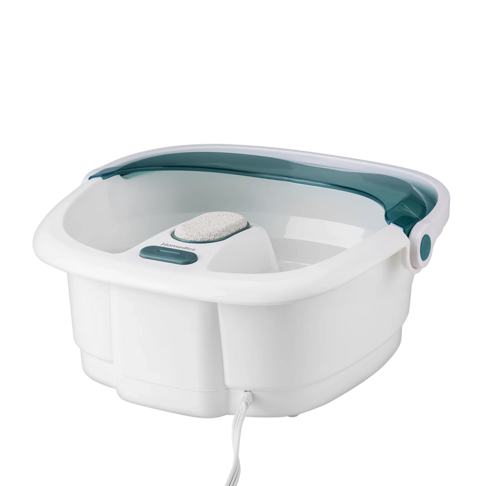 White and teal foot bath massager on a white background