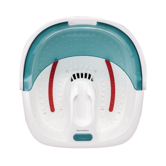 White and teal foot spa with red accents on a white background