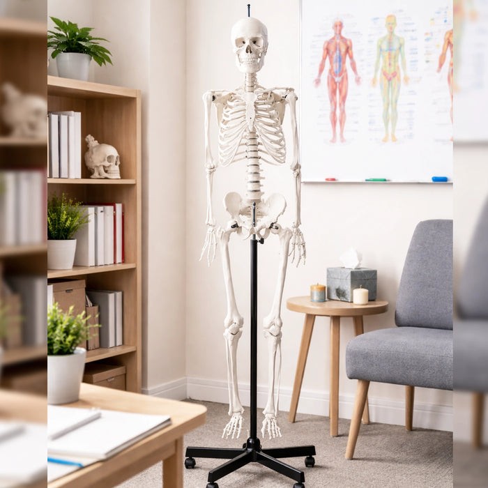 5.6-foot human skeleton budget model on a black rolling stand displayed in a clean therapist or teaching office with anatomy charts, bookshelf, and chair in the background