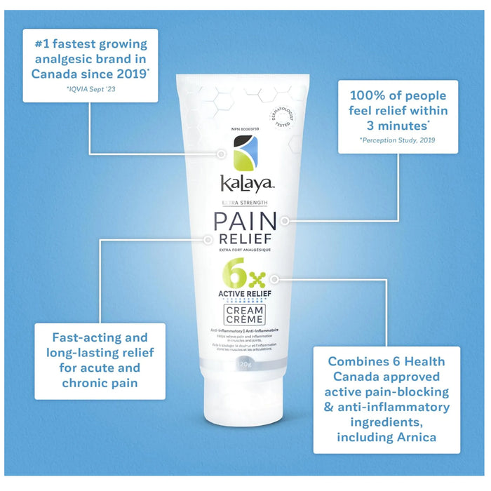 Kalaya Pain Relief cream tube with product features on a blue background