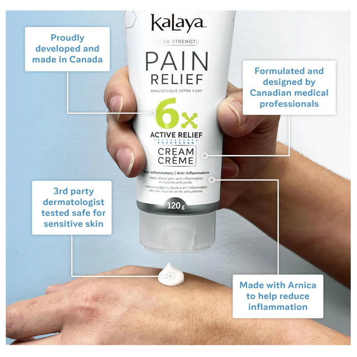 Kalaya Pain Relief Cream being applied to a hand with product details highlighted.