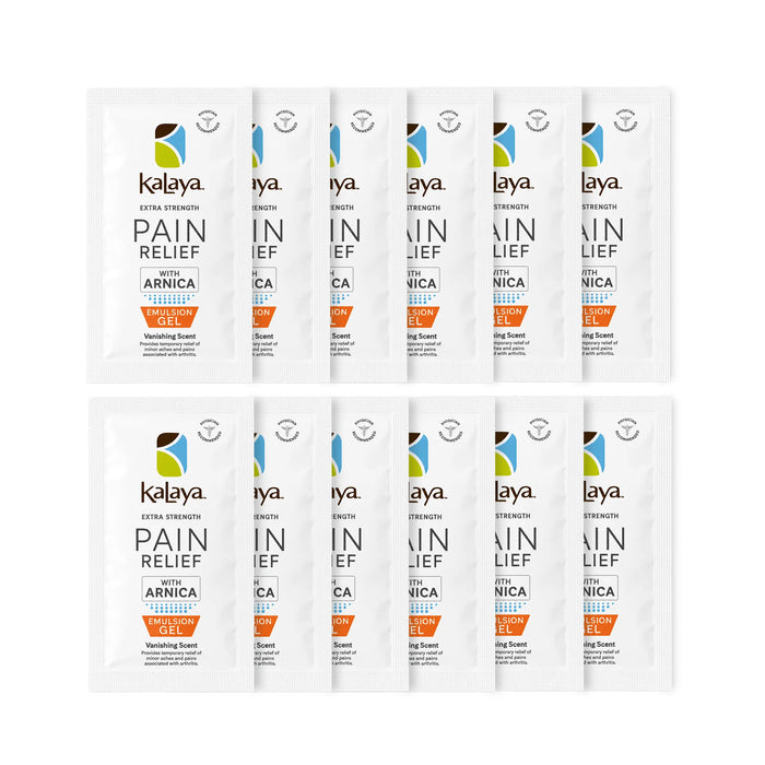 Kalaya Extra Strength Pain Relief Emulsion Gel with Arnica, 8 g single-use sachets (pack of 12), featuring a white packet with the Kalaya logo, physician recommended seal, and vanishing scent formula, shown on a white background.