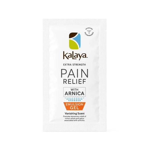 Kalaya Extra Strength Pain Relief Emulsion Gel with Arnica, 8 g single-use sachets, featuring a white packet with the Kalaya logo, physician recommended seal, and vanishing scent formula, shown on a white background.