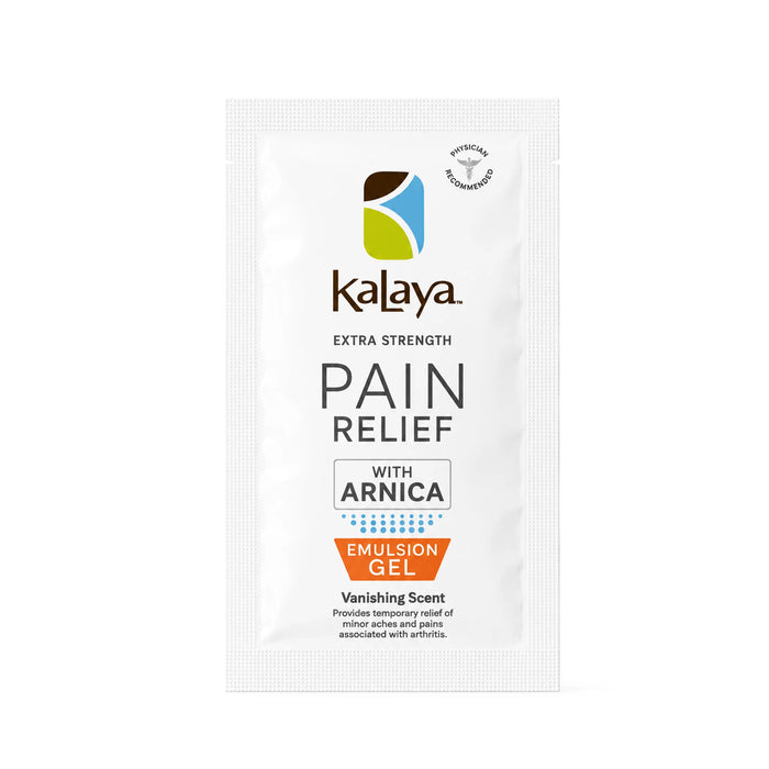 Kalaya Extra Strength Pain Relief Emulsion Gel with Arnica, 8 g single-use sachets, featuring a white packet with the Kalaya logo, physician recommended seal, and vanishing scent formula, shown on a white background.