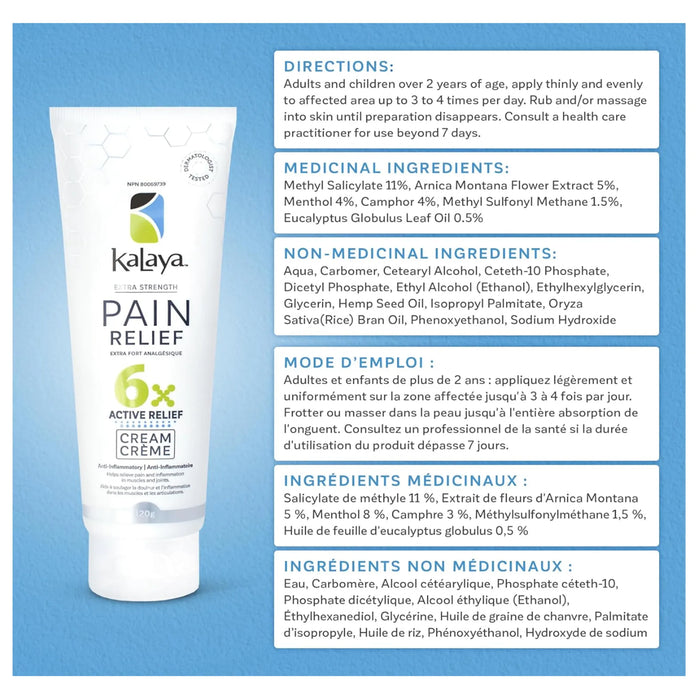 Kalaya Pain Relief Cream packaging with directions and ingredients