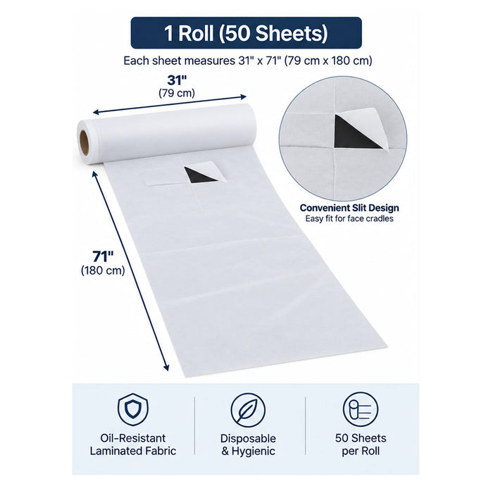 BodyBest disposable massage table sheet roll with 50 sheets measuring 31 x 71 inches each