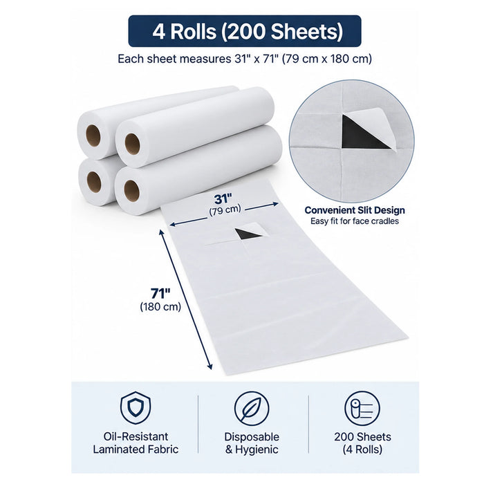 BodyBest disposable massage table sheets 4-roll pack with 200 sheets total