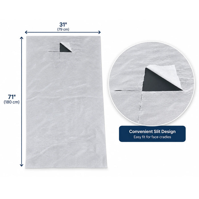 BodyBest disposable massage table sheets measuring 31 x 71 inches with face cradle slit