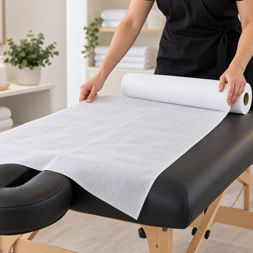 Massage therapist unrolling disposable oil-resistant sheet onto professional massage table