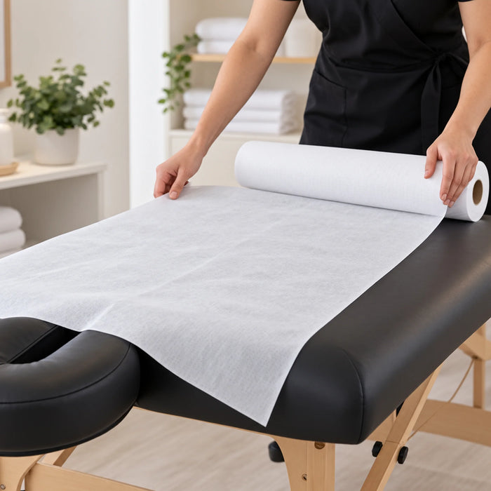 Massage therapist unrolling disposable oil-resistant sheet onto professional massage table