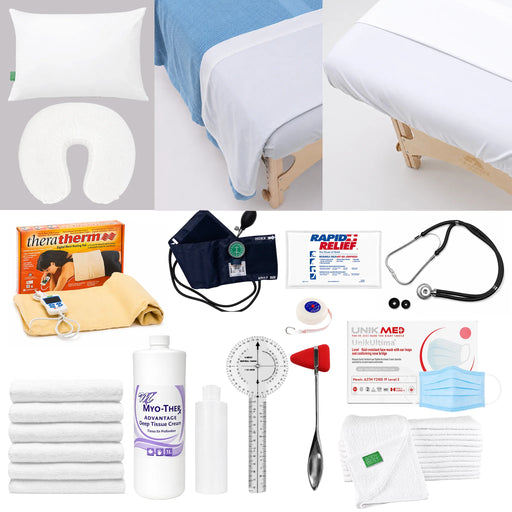 Lambton College student massage therapy kit with linens, towels, face rest cover, heating pad, blood pressure cuff, stethoscope, massage cream, goniometer, reflex hammer, tape measure, gel compress and face masks