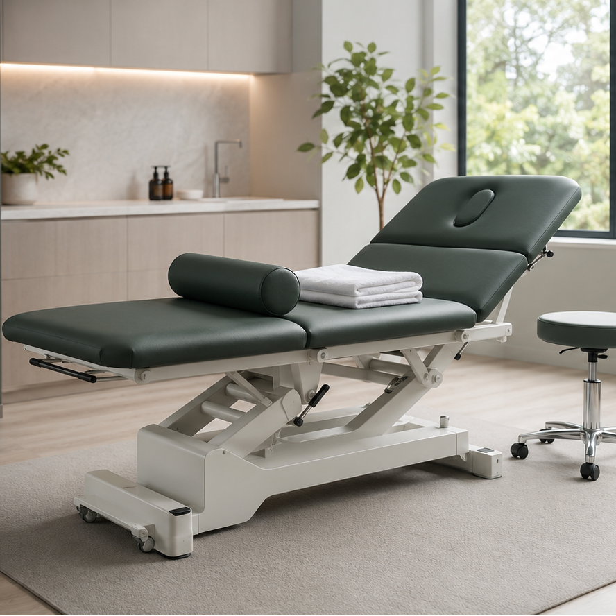 A dark green adjustable massage or therapy table with a white base, shown in a modern treatment room with light wood floors, a gray wall, and a window.