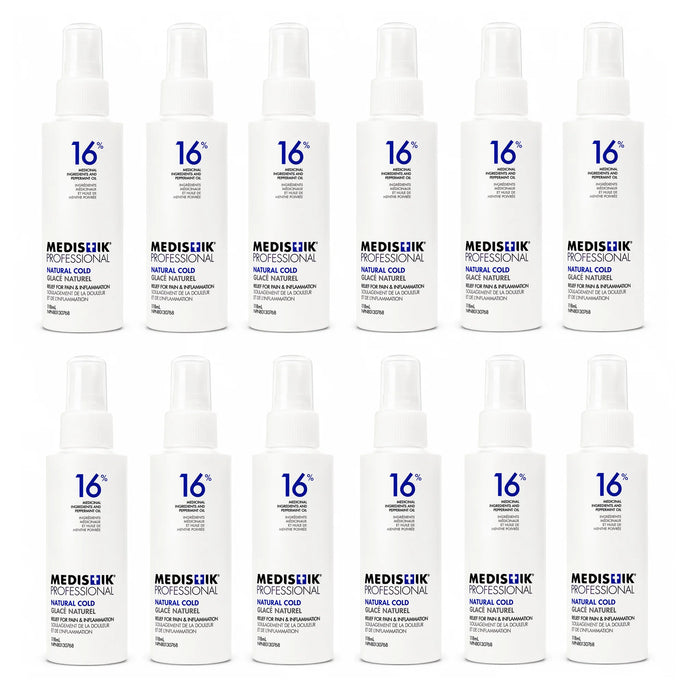 12 bottles of MEDISTIK Professional Natural Cold Spray 118mL pain relief spray bottle with menthol, camphor, and peppermint oil for muscle and joint discomfort.