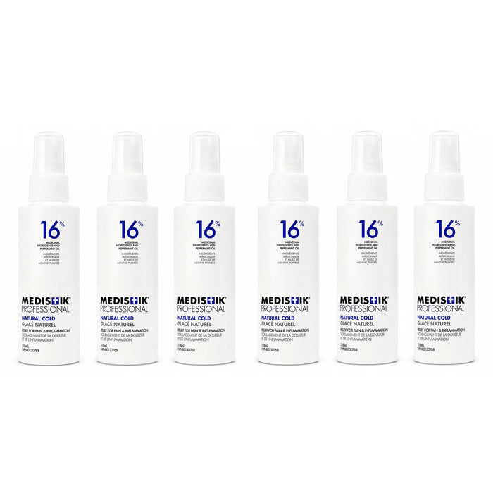 6 bottles of MEDISTIK Professional Natural Cold Spray 118mL pain relief spray bottle with menthol, camphor, and peppermint oil for muscle and joint discomfort.