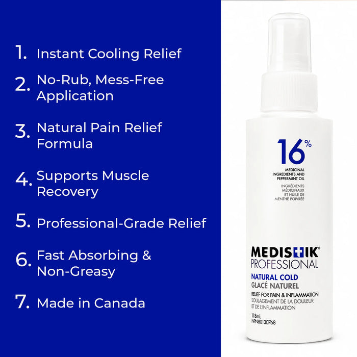 MEDISTIK Natural Cold Spray providing instant cooling relief for sore muscles and joints with a fast-absorbing, non-greasy formula.