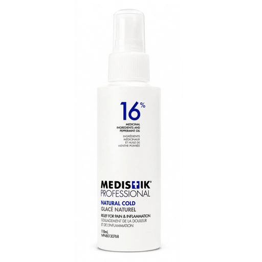 MEDISTIK Professional Natural Cold Spray 118mL pain relief spray bottle with menthol, camphor, and peppermint oil for muscle and joint discomfort.