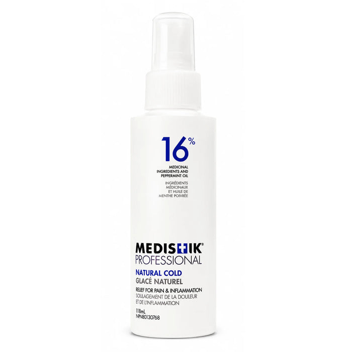 MEDISTIK Professional Natural Cold Spray 118mL pain relief spray bottle with menthol, camphor, and peppermint oil for muscle and joint discomfort.