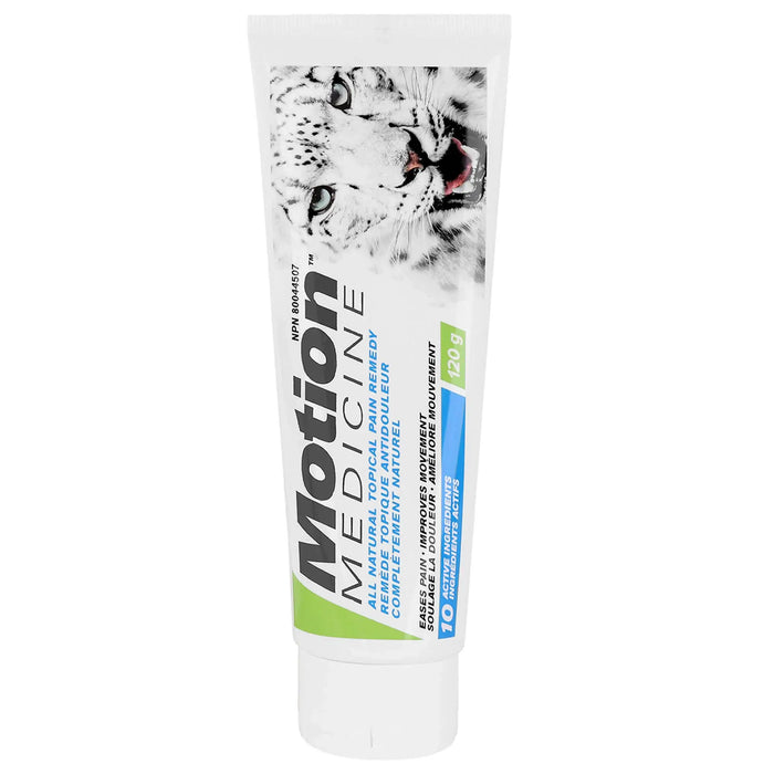 Tube of Motion Medicine with a leopard design on a white background