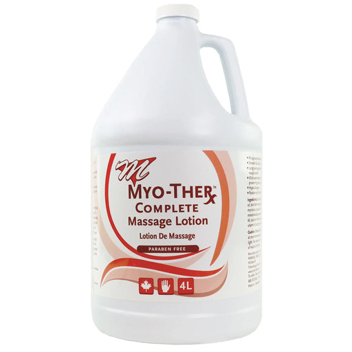 Gallon container of Myo-Ther Complete Massage Lotion on a white background