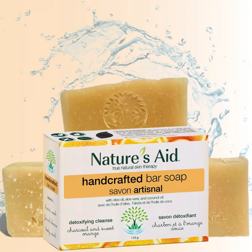 Nature’s Aid Detoxifying Cleanse charcoal and sweet orange handcrafted bar soap with packaging