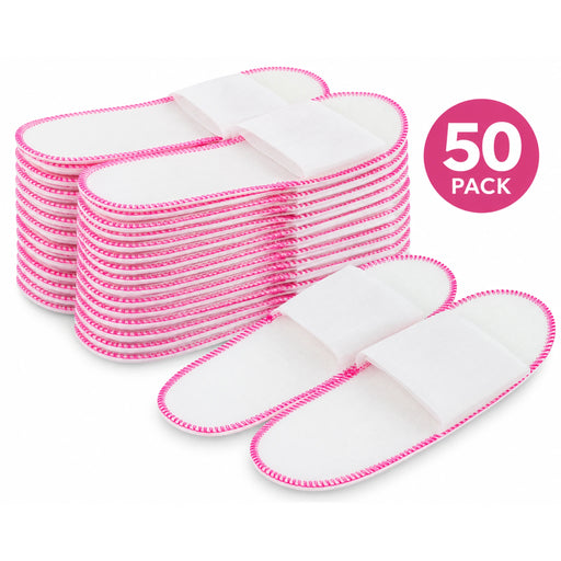 Non woven disposable open toe slippers 25 pairs 50 pack in white color with pink stitches