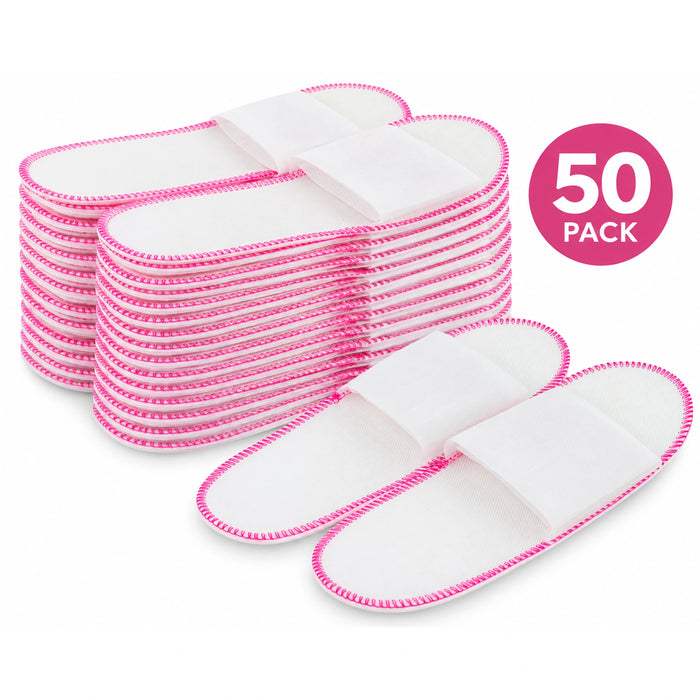 Non woven disposable open toe slippers 25 pairs 50 pack in white color with pink stitches