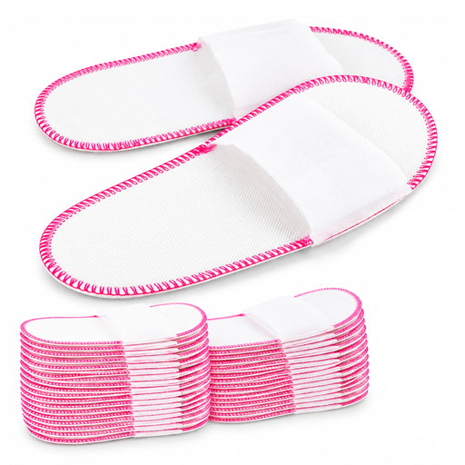 Non woven disposable open toe slippers 25 pairs 50 pack in white color with pink stitches