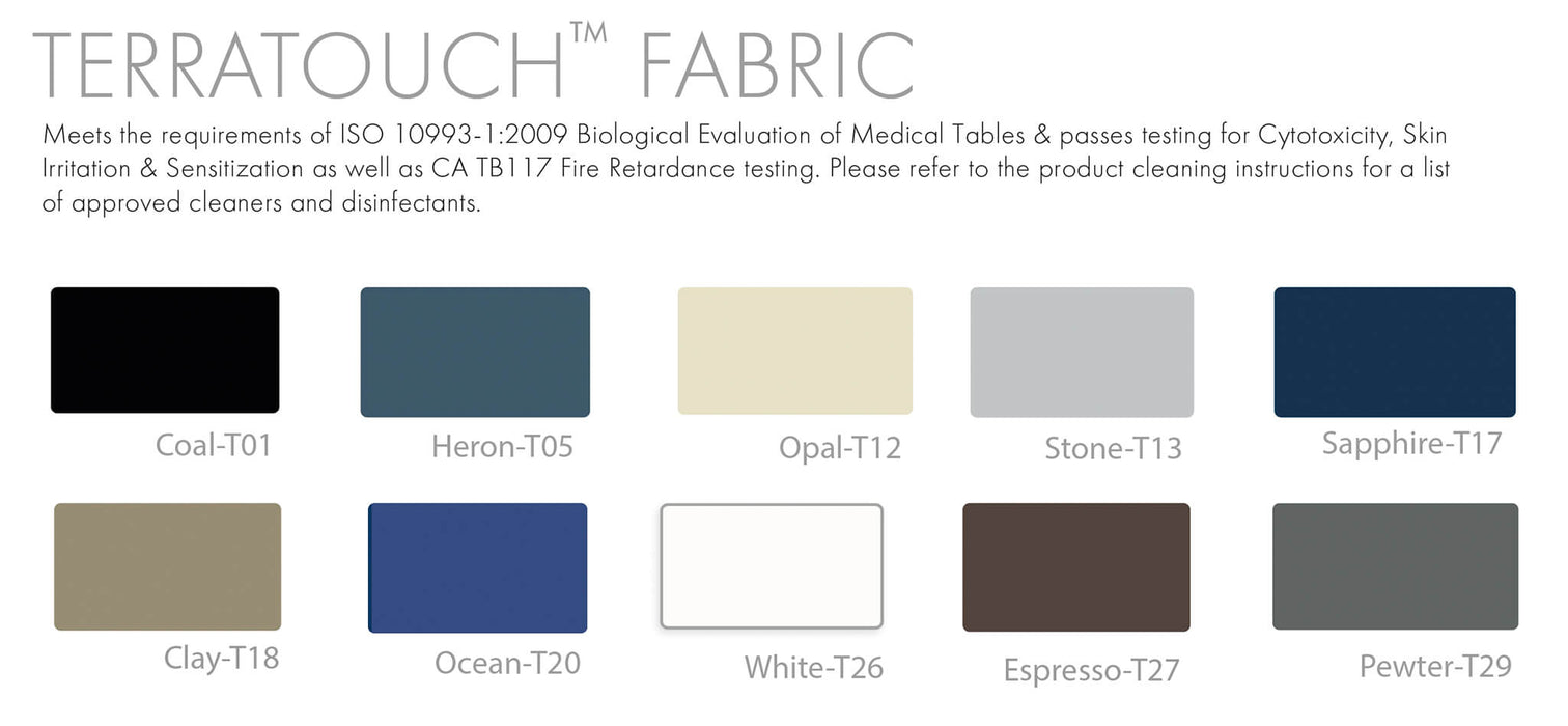 Product image showing multiple color swatches representing the full range of Oakworks TerraTouch upholstery choices for massage tables.