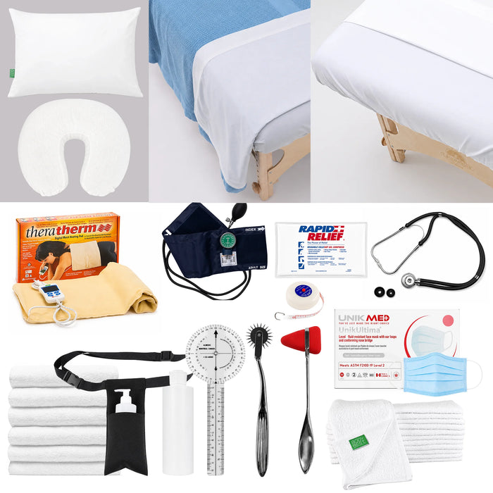 Oxford College massage therapy student kit with massage table linens, towels, face rest cover, heating pad, blood pressure cuff, stethoscope, gel compress, tape measure, goniometer, reflex hammers, pinwheel, lotion holster and face masks.