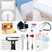 Oxford College massage therapy student kit with massage table linens, towels, face rest cover, heating pad, blood pressure cuff, stethoscope, gel compress, tape measure, goniometer, reflex hammers, pinwheel, lotion holster and face masks.