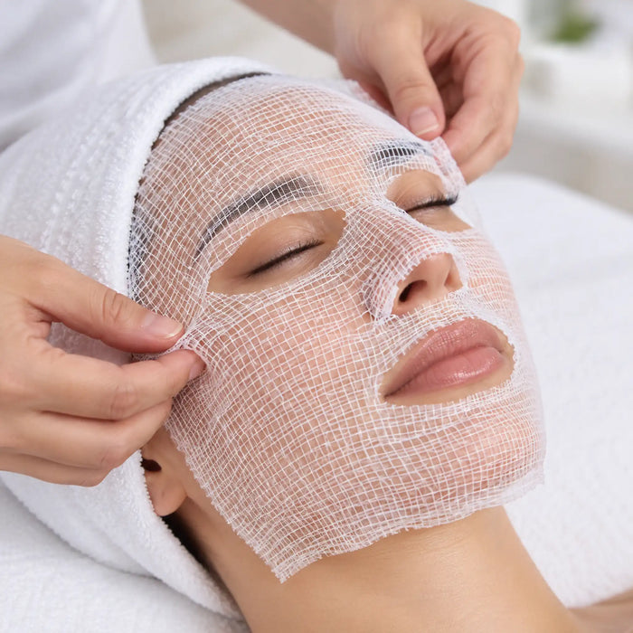 Precut 100% Cotton Gauze Facial Sheet Masks (50pcs) in use 