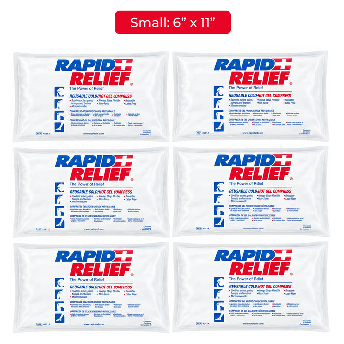 Six packs of Rapid Relief reusable cold-and-numb gel compresses arranged in a 2x3 grid on a white background, with a red banner at the top reading 'Small: 6" x 11"'.