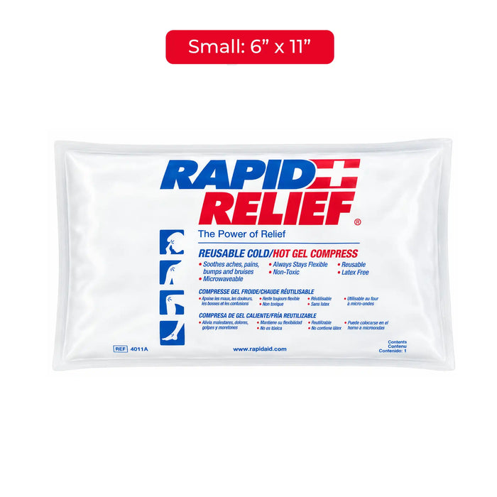 A package of Rapid Relief reusable cold and hot gel compress in small size (6 in x 11 in), shown on a plain white background with a red label at the top indicating the size.