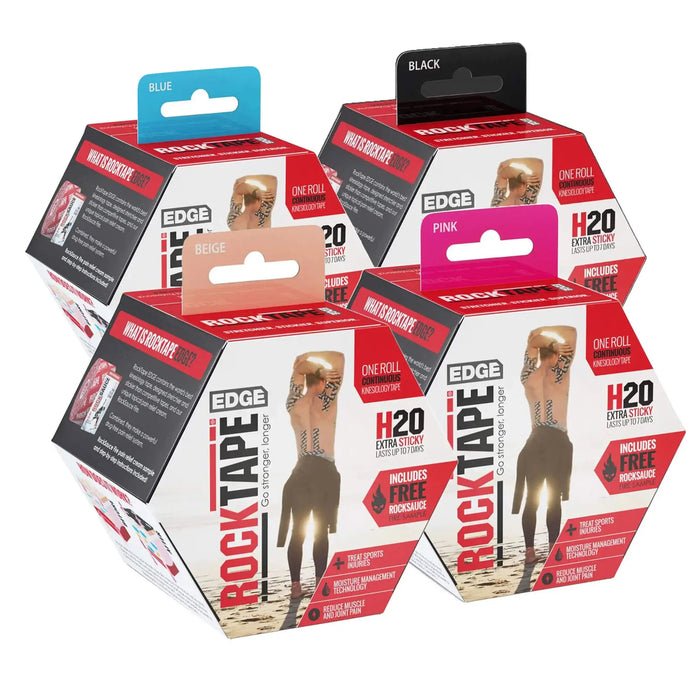 Multiple boxes of Rock Tape packaging on a white background