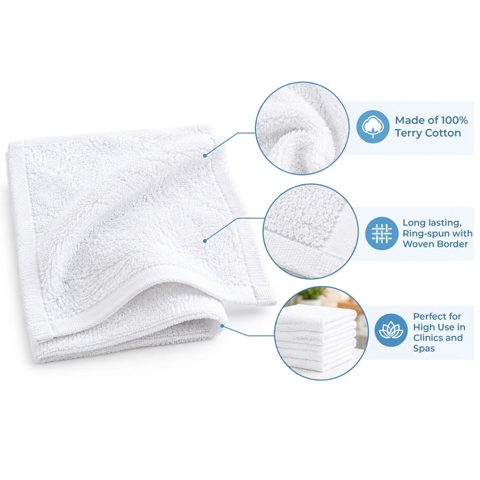 Features of Standard face towels in white color 13 inch by 13 inch and 12 inch by 120inch made with 100% Terry cotton long lasting, ring-spun with woven border