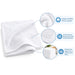 Features of Standard face towels in white color 13 inch by 13 inch and 12 inch by 120inch made with 100% Terry cotton long lasting, ring-spun with woven border