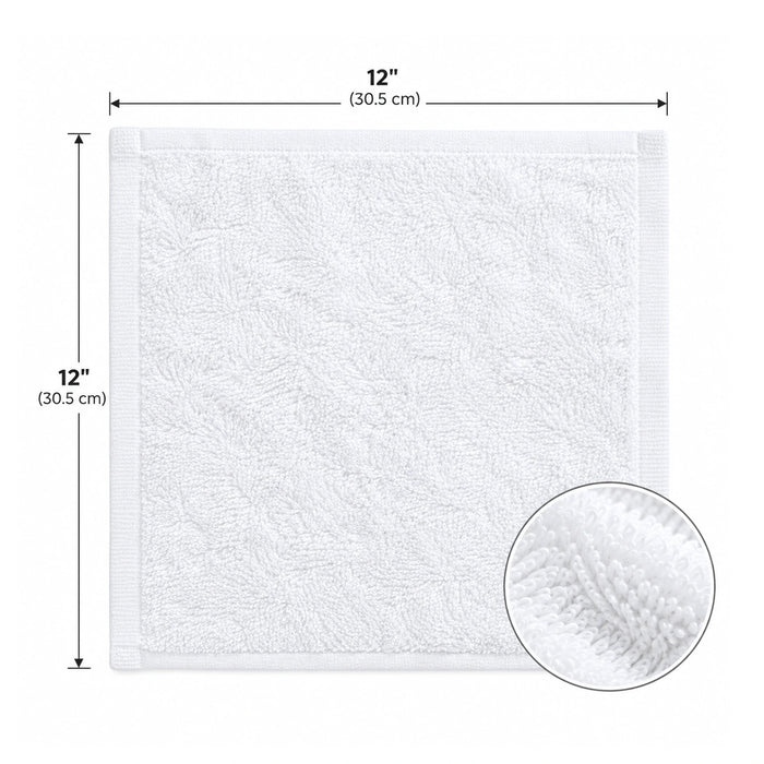 Dimensions of Standard face towels in white color 12 inch by 12 inch made with 100% Terry cotton