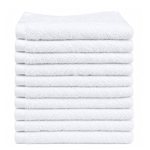 Standard face towels in white color 12 inch by 12 inch made with 100% Terry cotton for use for spas and clinics