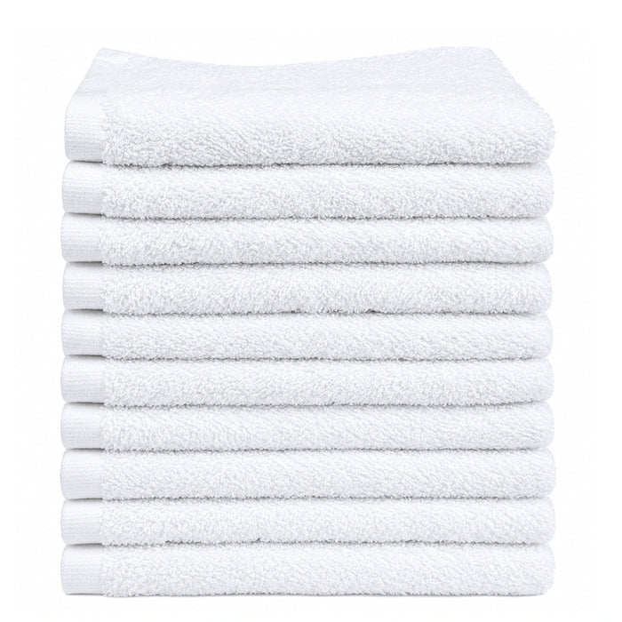 Standard face towels in white color 12 inch by 12 inch made with 100% Terry cotton for use for spas and clinics