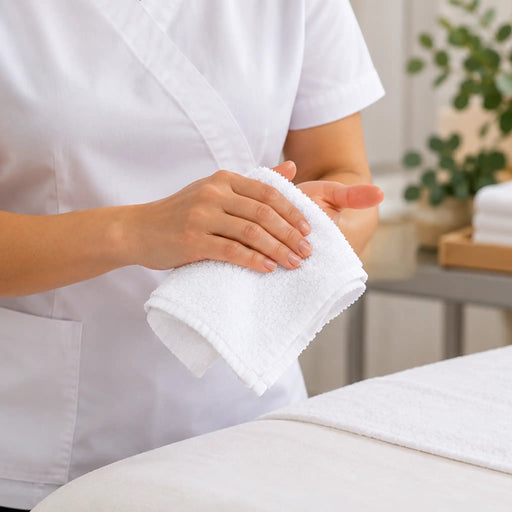Standard face towels in white color 13 inch by 13 inch is in use in spa settings