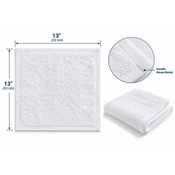Dimensions of  Standard face towels in white color 13 inch by 13 inch made with 100% Terry cotton and shown it's woven borders