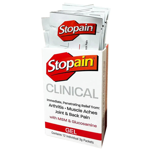 Box of Stopain Clinical Gel packets on a white background