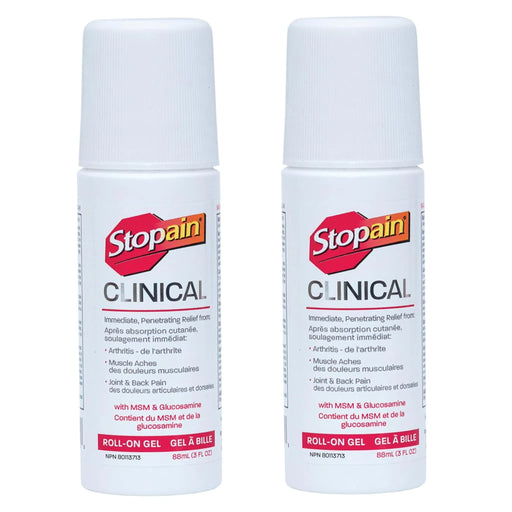 Two bottles of Stopain Clinical roll-on gel on a white background