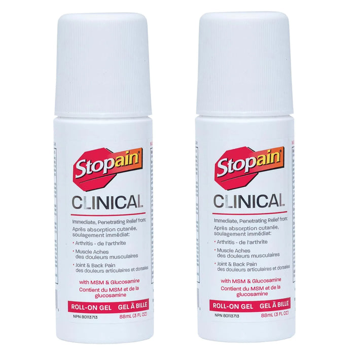 Two bottles of Stopain Clinical roll-on gel on a white background