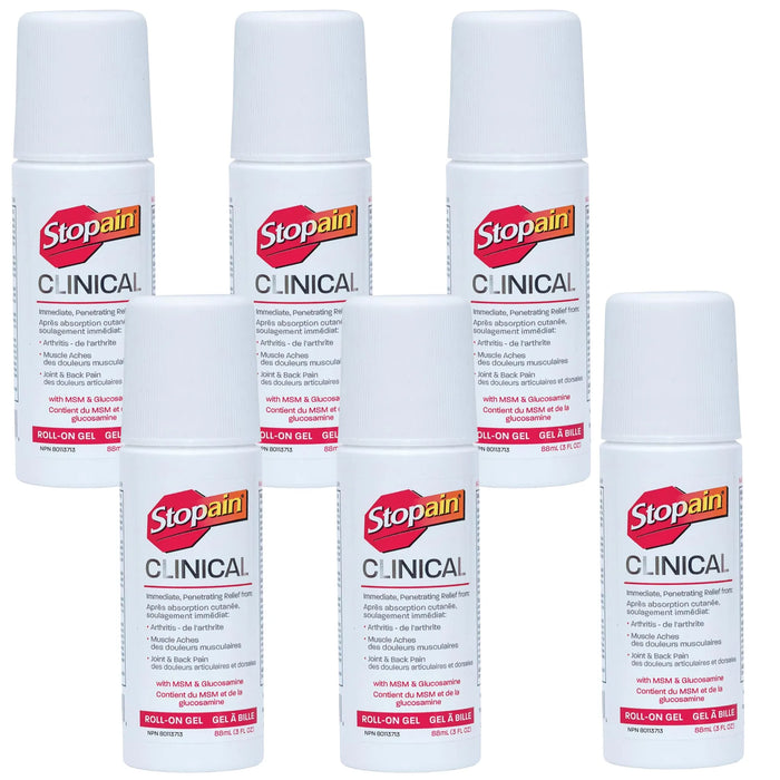 6 bottles of Stopain Clinical roll-on gel on a white background