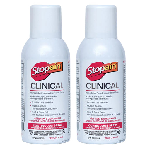 Two bottles of Stopain Clinical Continuous Spray on a white background